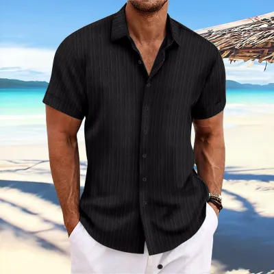 Men Casual Linen Stripe Lapel Cardigan Shirt with Epaulettes Long Sleeve Loose