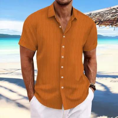 Men Casual Linen Stripe Lapel Cardigan Shirt with Epaulettes Long Sleeve Loose