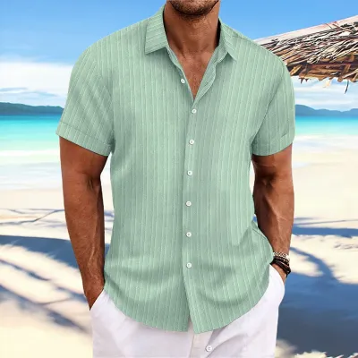 Men Casual Linen Stripe Lapel Cardigan Shirt with Epaulettes Long Sleeve Loose