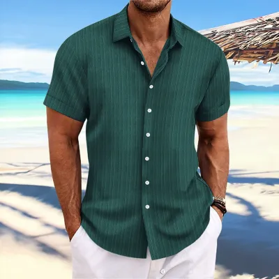 Men Casual Linen Stripe Lapel Cardigan Shirt with Epaulettes Long Sleeve Loose