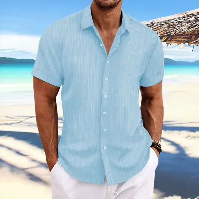 Men Casual Linen Stripe Lapel Cardigan Shirt with Epaulettes Long Sleeve Loose