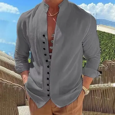 Men Casual Holiday Linen Solid Color Long Sleeve Cardigan Shirt