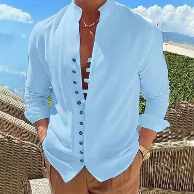 Men Casual Holiday Linen Solid Color Long Sleeve Cardigan Shirt