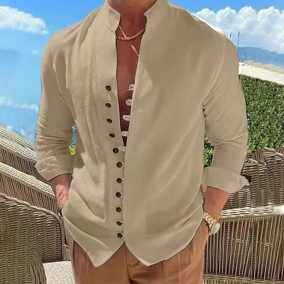 Men Casual Holiday Linen Solid Color Long Sleeve Cardigan Shirt