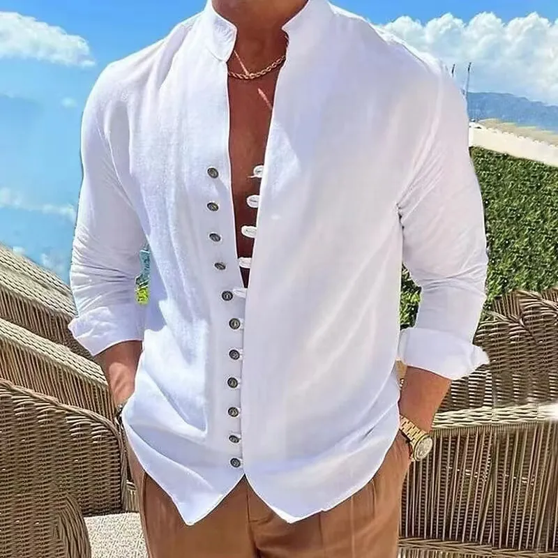 Men Casual Holiday Linen Solid Color Long Sleeve Cardigan Shirt