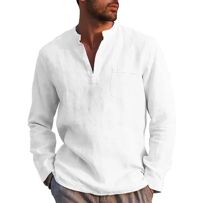 Men Casual Holiday Linen Solid Color Long Sleeve Shirt Stand Collar Pullover