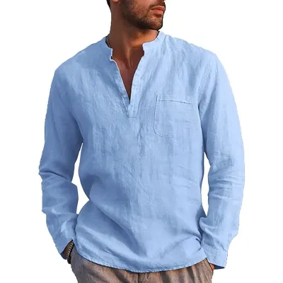 Men Casual Holiday Linen Solid Color Long Sleeve Shirt Stand Collar Pullover