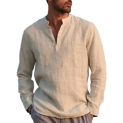 Men Casual Holiday Linen Solid Color Long Sleeve Shirt Stand Collar Pullover