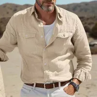 Men'S Fashion Solid Color Lapel Short Sleeve Loose Shirt