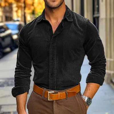Wholesale Men Casual Basic Solid Color Stripe Plus Size Long Sleeve Lapel Shirt