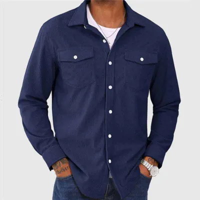 Men Spring Autumn Casual Corduroy Solid Color Long Sleeve Lapel Workwear Shirts