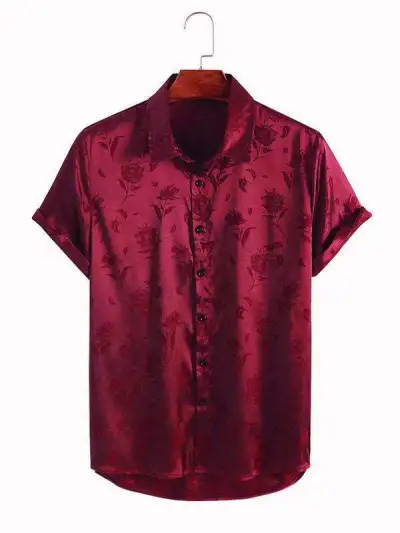 Men's Light Business Satin Jacquard Short Sleeve Lapel Shirt