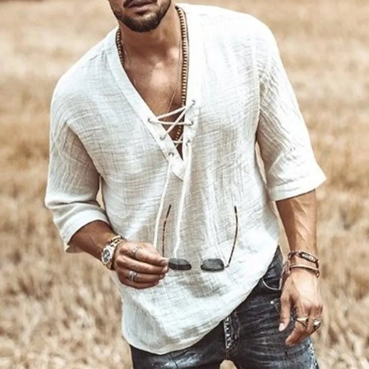 Men Plus Size Solid Color Stand Collar Half Sleeve Cotton Pullover Shirt