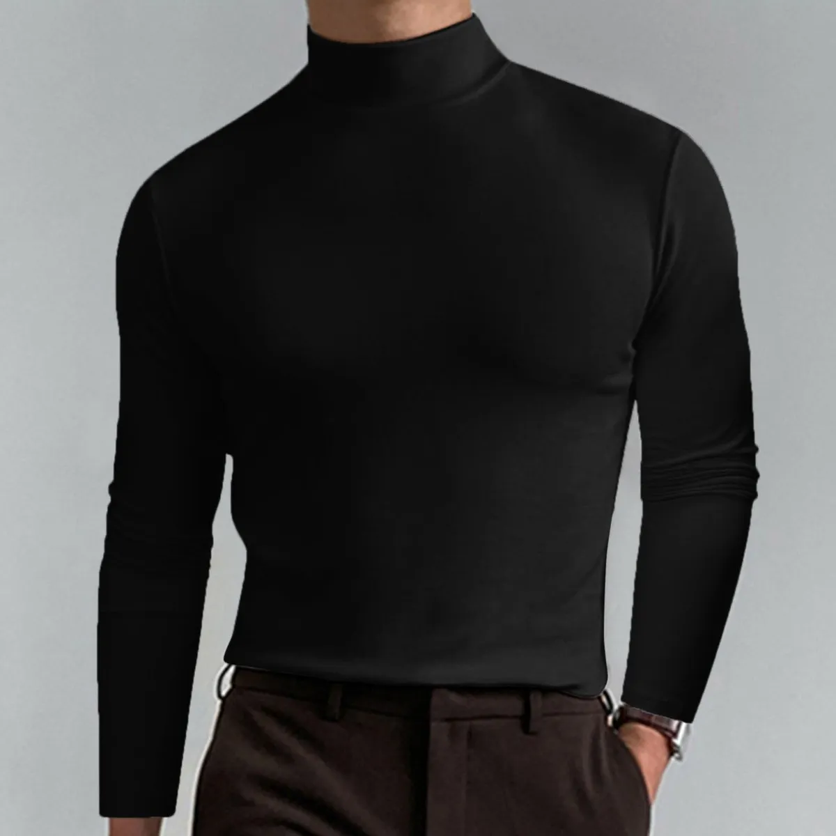 Men Casual Basic Solid Color Long Sleeve Slim Fit Turtleneck T-Shirt