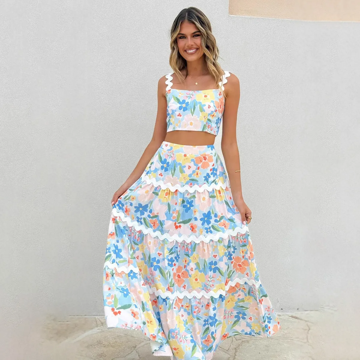 Women Elegant Floral Printed Lace Splicing Tank-Top Loose Skirt Two-Piece Set
