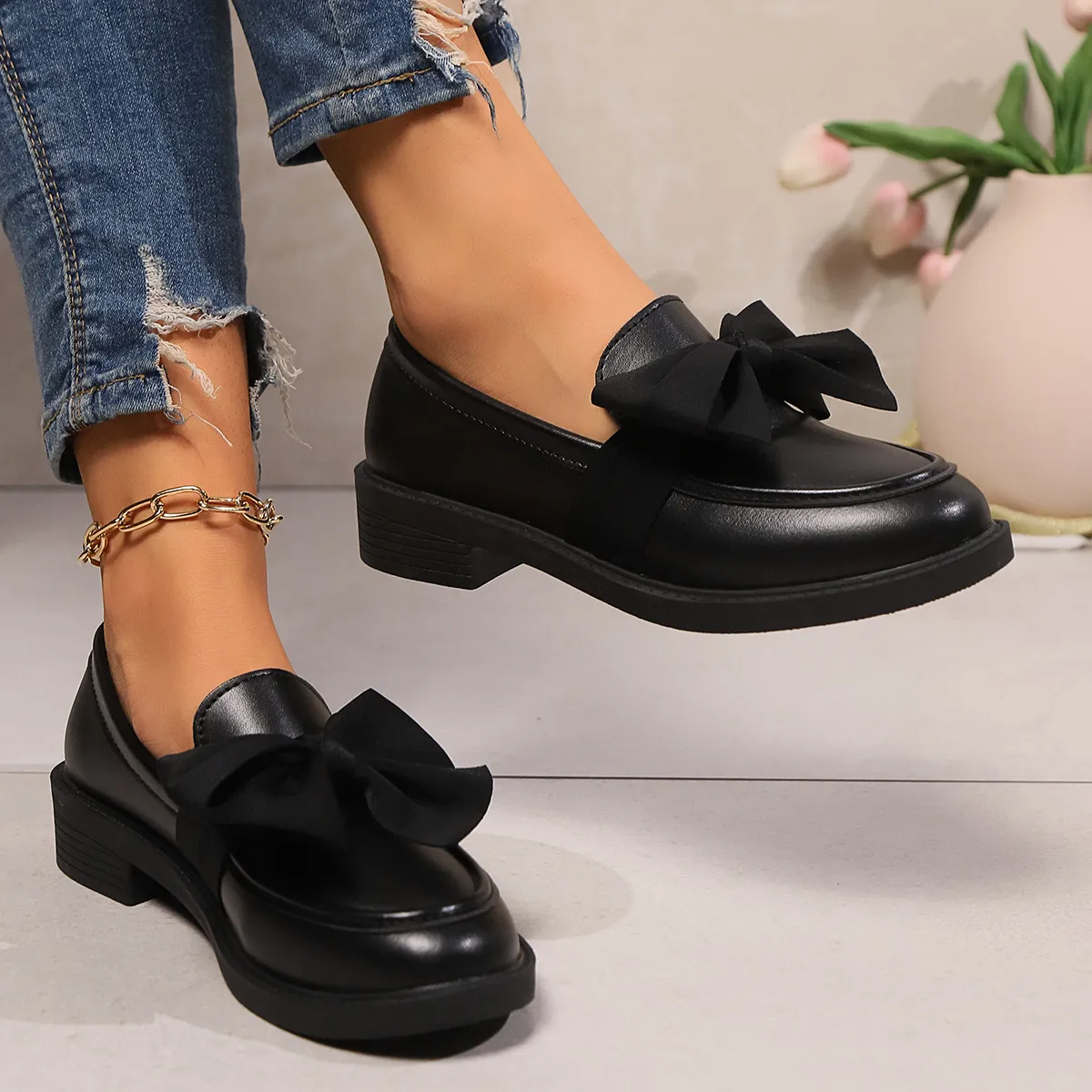 Women Fashion Retro Bowknot Pointed Toe Thick Heeled PU Loafers