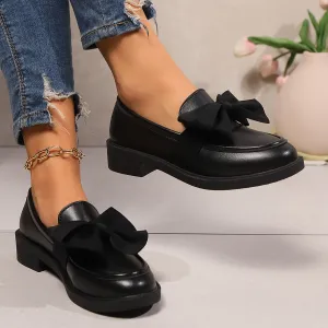 Women Fashion Retro Bowknot Pointed Toe Thick Heeled PU Loafers