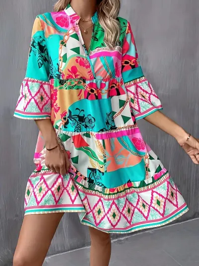 Ruffle Floral Sleeve Geometric Print Women V Neck Loose Dress
