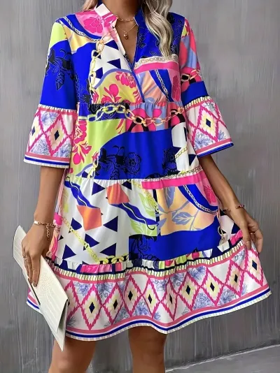 Ruffle Floral Sleeve Geometric Print Women V Neck Loose Dress