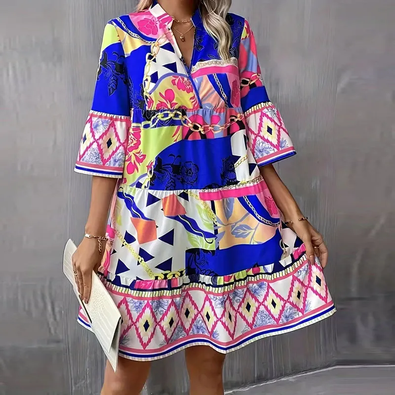 Ruffle Floral Sleeve Geometric Print Women V Neck Loose Dress