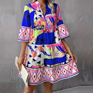 Ruffle Floral Sleeve Geometric Print Women V Neck Loose Dress