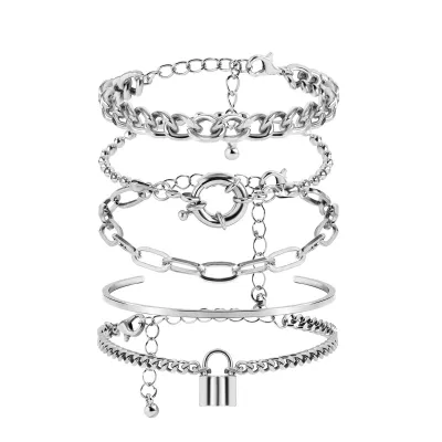 Women Fashion Punk Geometric Round Buckle Bracelet Set