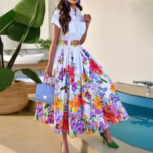 Elegant Women Short Sleeve Lapel Floral Printed Swing Maxi Shirt Dress
