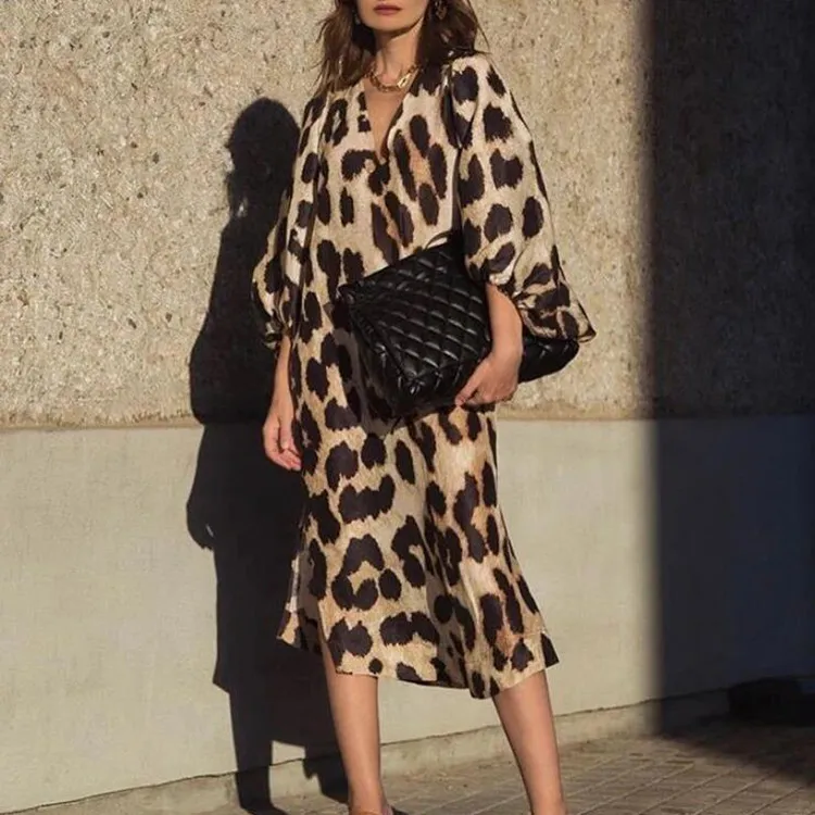 Women Fashion Casual Leopard Print V-Neck Lantern Sleeve Loose Midi Dress