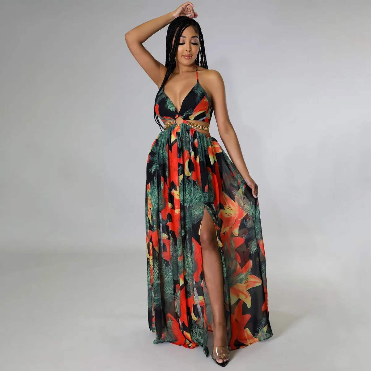 Women Fashion Sexy Flower Printed V-Neck Halter-Neck Backless Lace-Up Dress