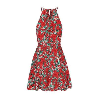 Women Casual Vacation Floral Printed Halter-Neck Sleeveless Ruffled Loose Dress