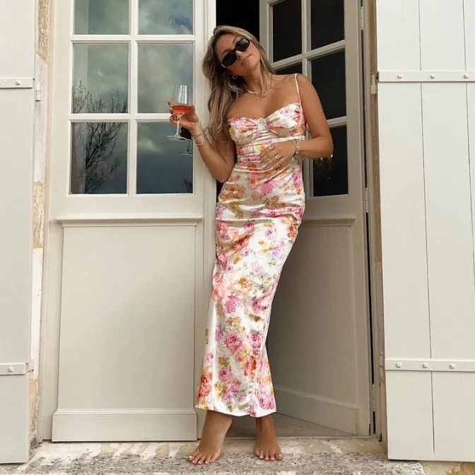 Women Fashion Sexy Elegant Flower Printed Spaghetti Strap Slim Fit Midi Dress