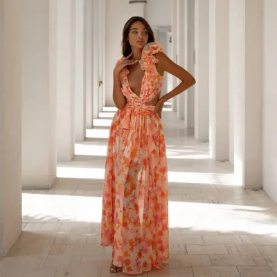 Women Summer Vacation Hollow-Out Slim-Fit Deep V Ruffled Tiny Flower Backless Maxi Dress