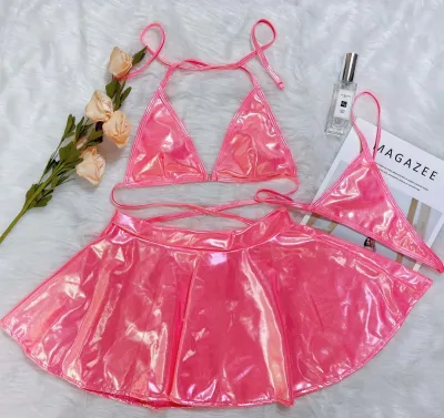 Women Fashion Solid Color Halter-Neck Lace-Up Skirt Sexy Lingerie Set