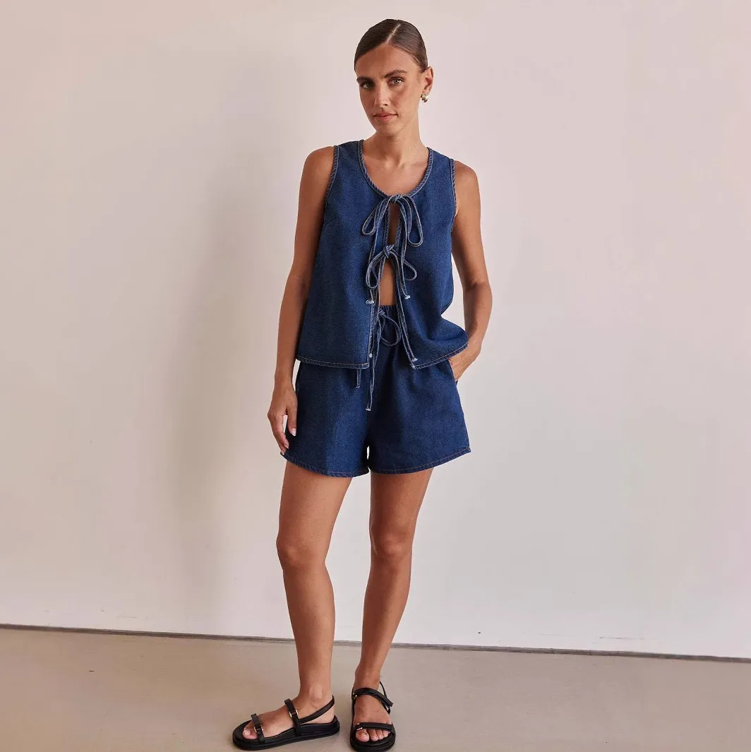 Women Denim Sleeveless Lace-Up Tank Top with High Waist Shorts Two-Piece Set