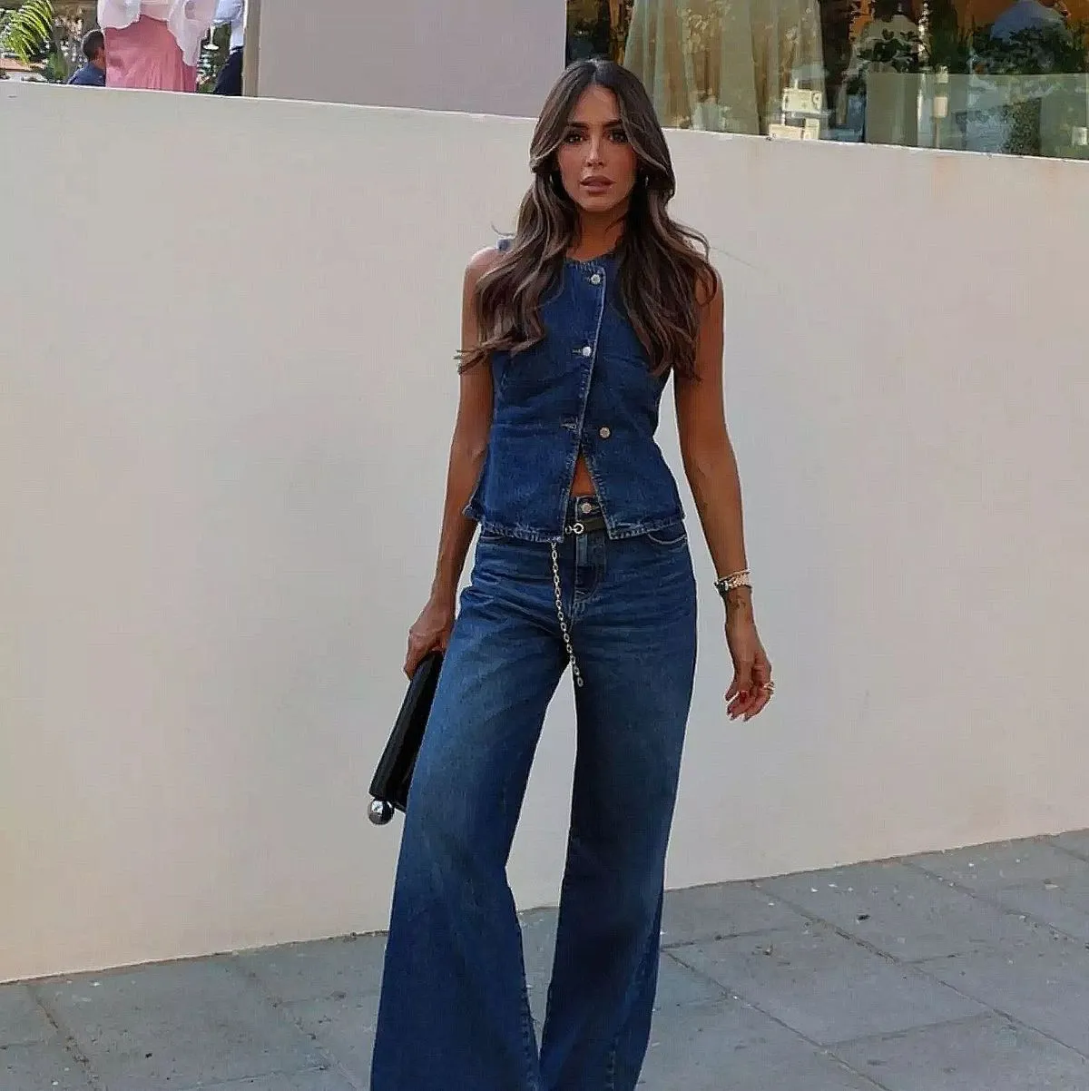 Women Denim Sleeveless Vest Wide Leg Pants Two-Piece Set