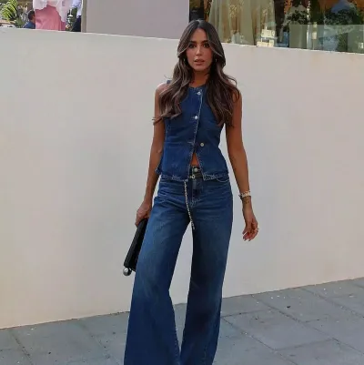 Women Denim Sleeveless Vest Wide Leg Pants Two-Piece Set
