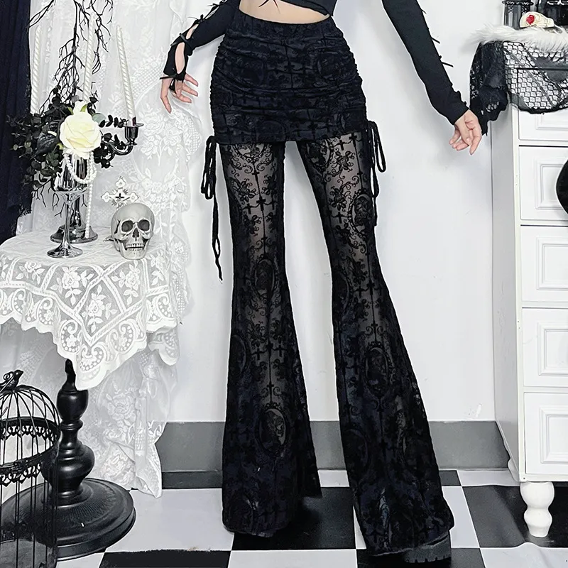 Women Fashion Sexy Gothic Perspective Cross Flocking Slim Fit Pants