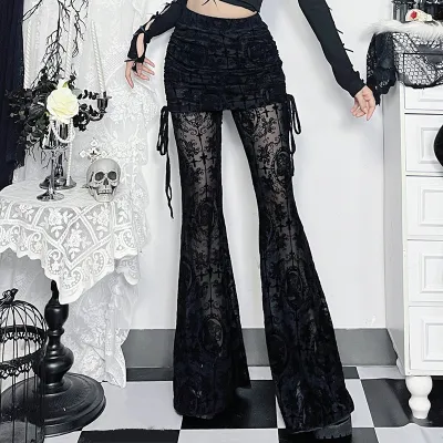 Women Fashion Sexy Gothic Perspective Cross Flocking Slim Fit Pants