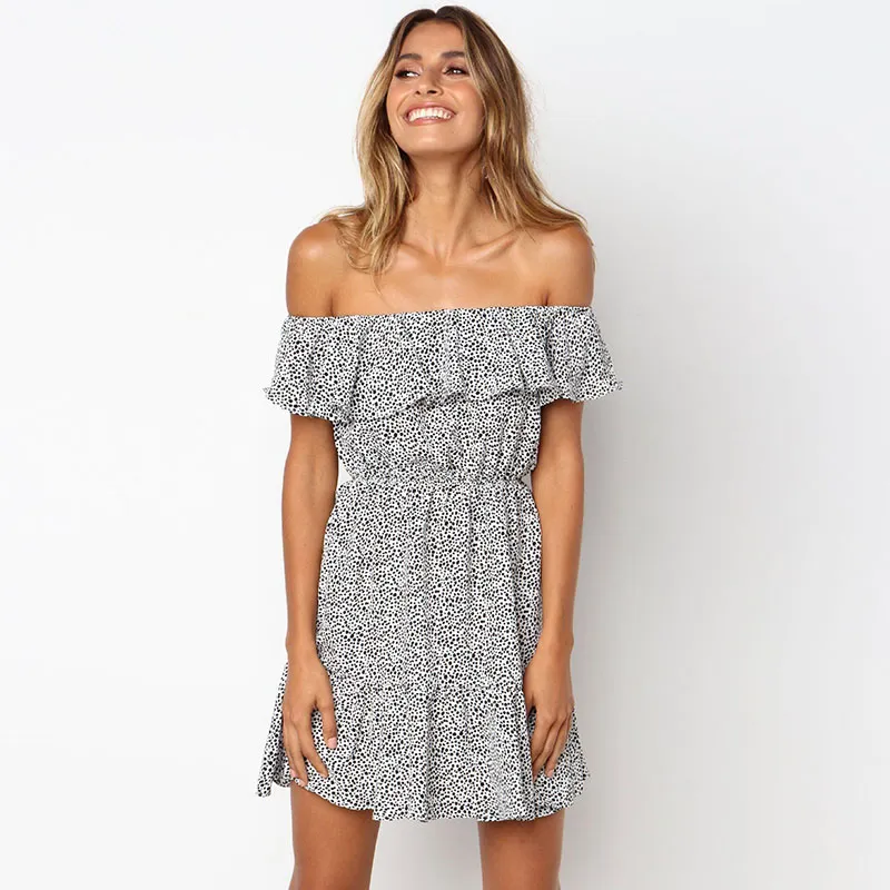 Sexy Women Summer Vacation Off-Shoulder Ruffled Short Sleeve Leopard Print Dress