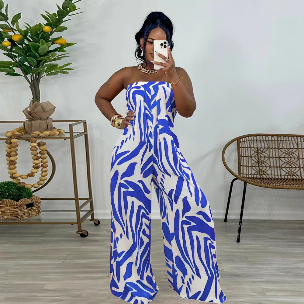 Women Fashion Sexy Printed Sleeveless Lace-Up Wide Leg Jumpsuits