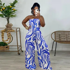 Women Fashion Sexy Printed Sleeveless Lace-Up Wide Leg Jumpsuits