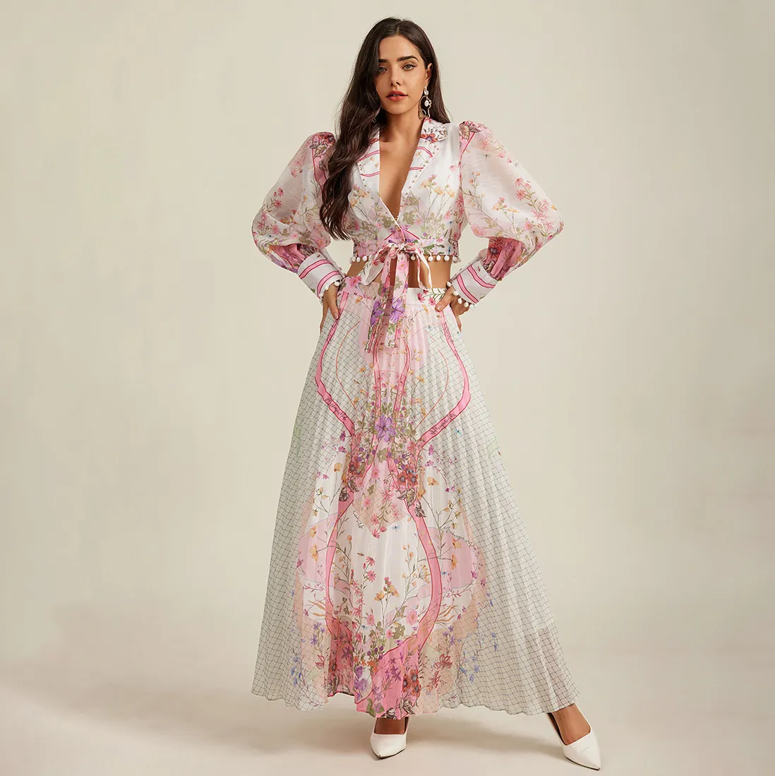 Women Retro Elegant Floral Printed V-Neck Long-Sleeve Crop Top Loose Skirt Two-Piece Set