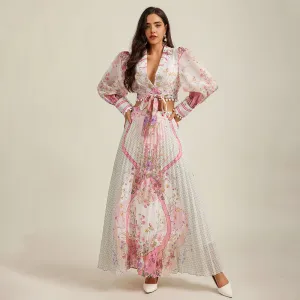 Women Retro Elegant Floral Printed V-Neck Long-Sleeve Crop Top Loose Skirt Two-Piece Set