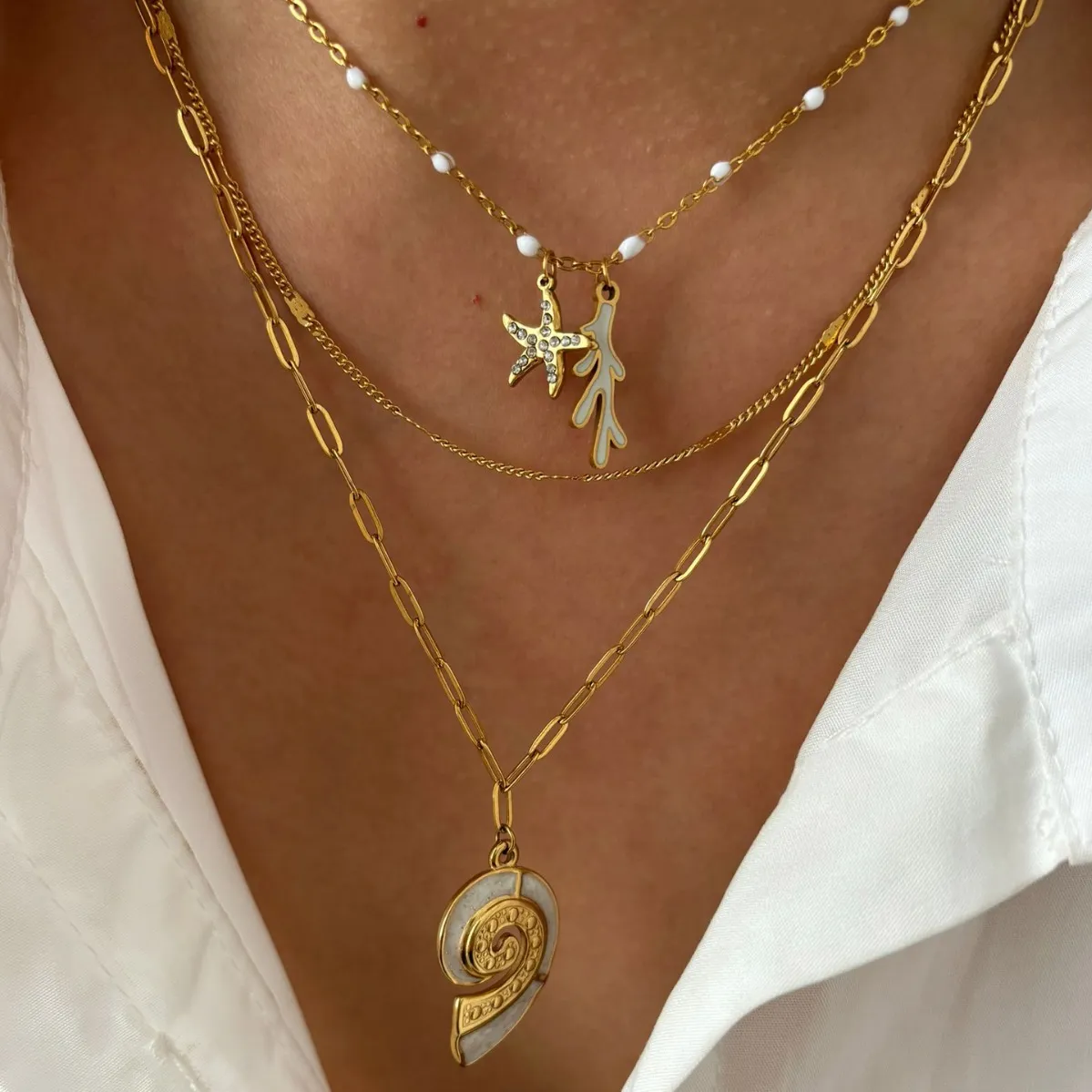 Fashion Vintage Titanium Steel Starfish Rhinestone 18k Gold Shell Pendant Necklace