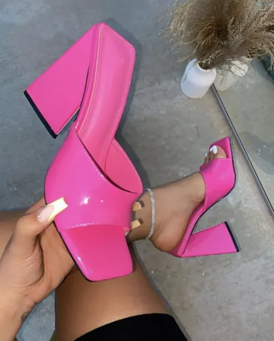 Women Simple Solid Color Square-Toe Thick High-Heels PU Shoes