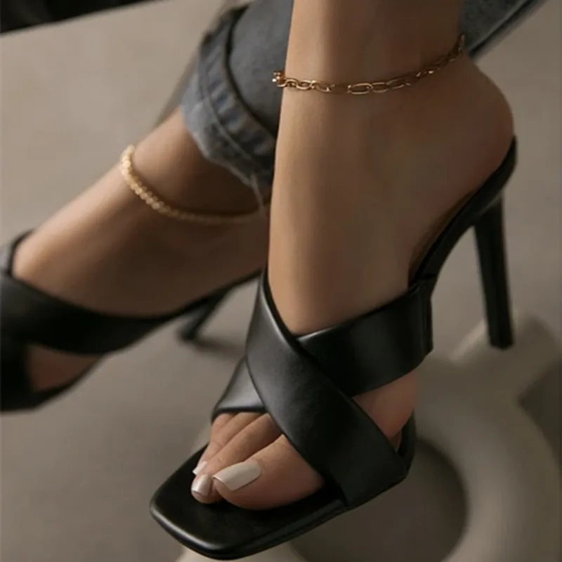 Women Fashion Sexy Crossed Square Toe High Heel PU Shoes