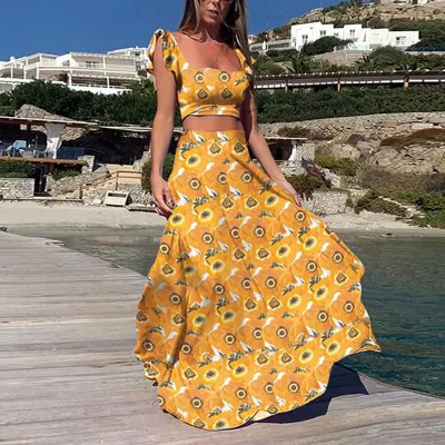 Women Casual Boho Printed Ruffled Sleeveless Crop Top Loose Skirts Two-Piece Set