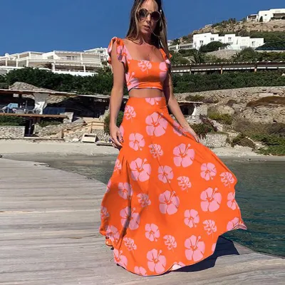 Women Casual Boho Printed Ruffled Sleeveless Crop Top Loose Skirts Two-Piece Set