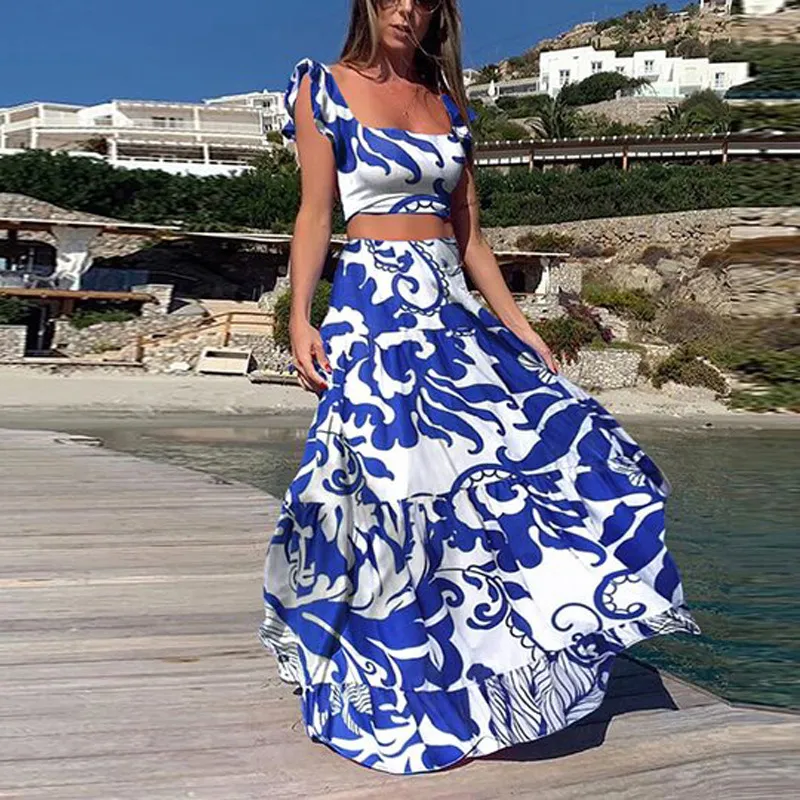 Women Casual Boho Printed Ruffled Sleeveless Crop Top Loose Skirts Two-Piece Set