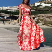 Women Casual Boho Printed Ruffled Sleeveless Crop Top Loose Skirts Two-Piece Set